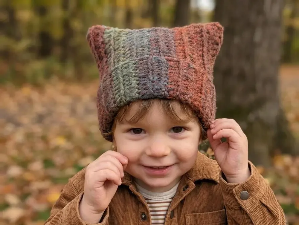 Handmade Toddler Cat Ear Beanie Crocheted Fall Kitty Ears Knit Ribbed Hat
